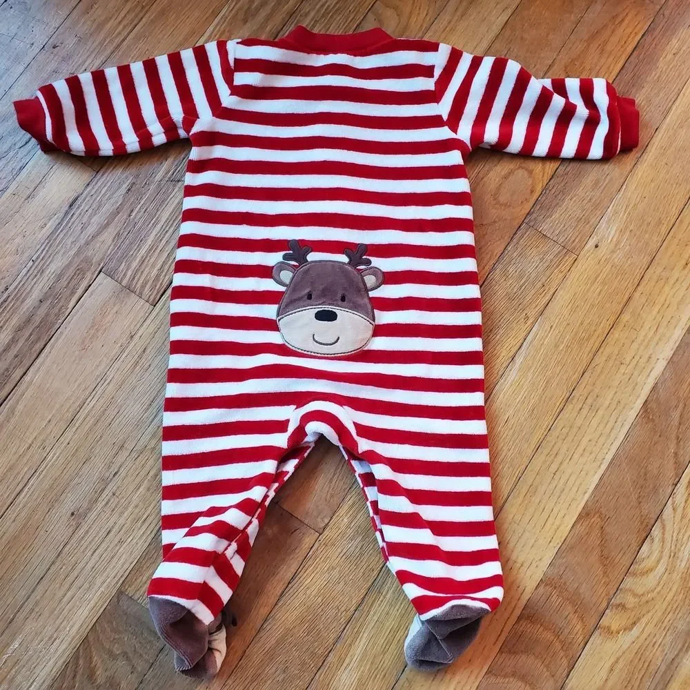 Carters red & white striped reindeer Christmas button up sleeper pj‎ sz 6 months